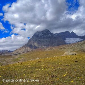 Distant view of the mountains that serve as the source of Gangabal and Nundkol Lakes on the Kashmir Great Lakes Trek.