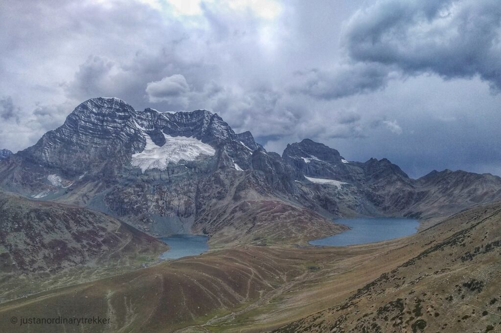 View of Gangabal and Nundkol Lakes from the top of Zajibal Pass - Kashmir Great Lakes Trek