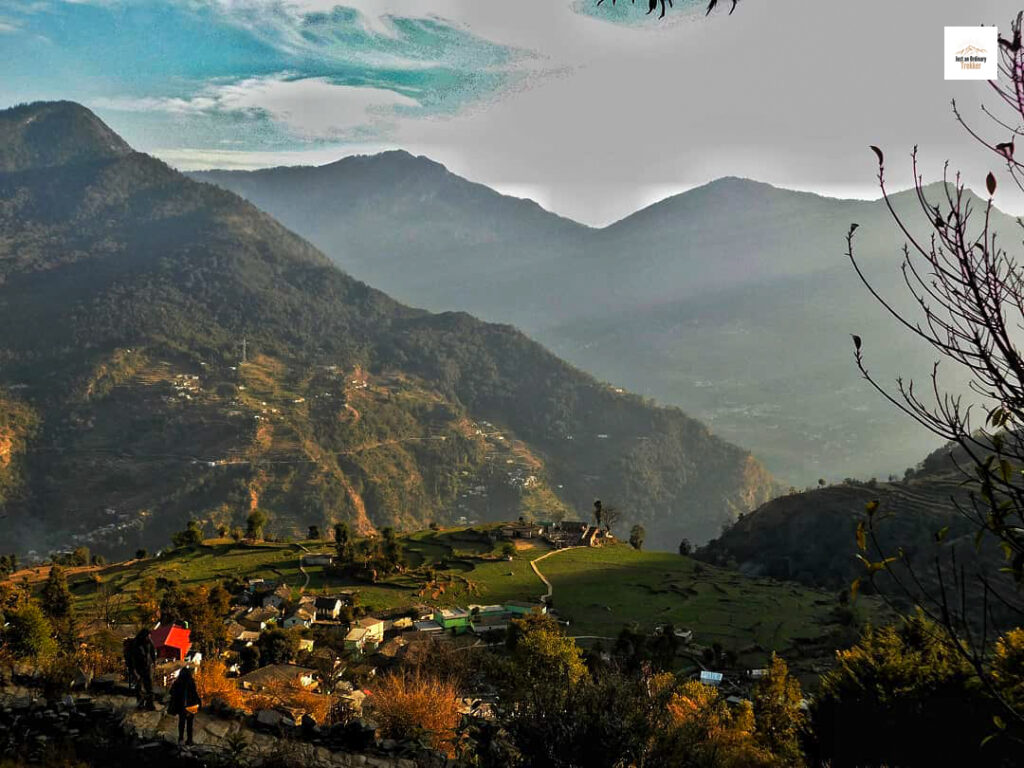 Captivating view of the charming village of Sari from our scenic hike to Deoria Tal!