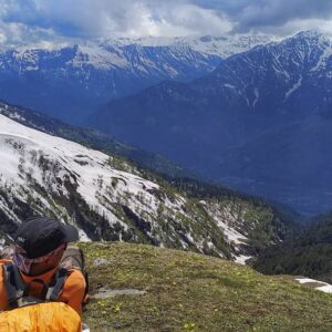 Chetramji enjoying the view after descending the snowing portion of the trail!
